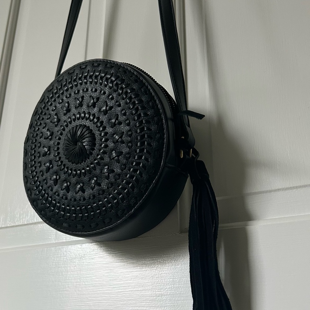 Black Round Crossbody Bag With Woven Detail & Tassel
